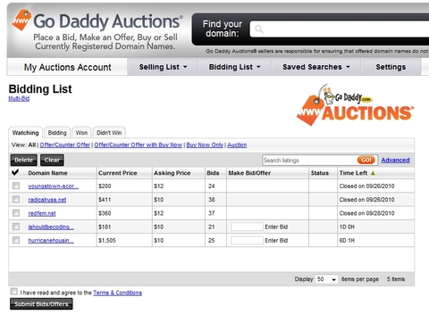 Godaddy Auctions Watching List